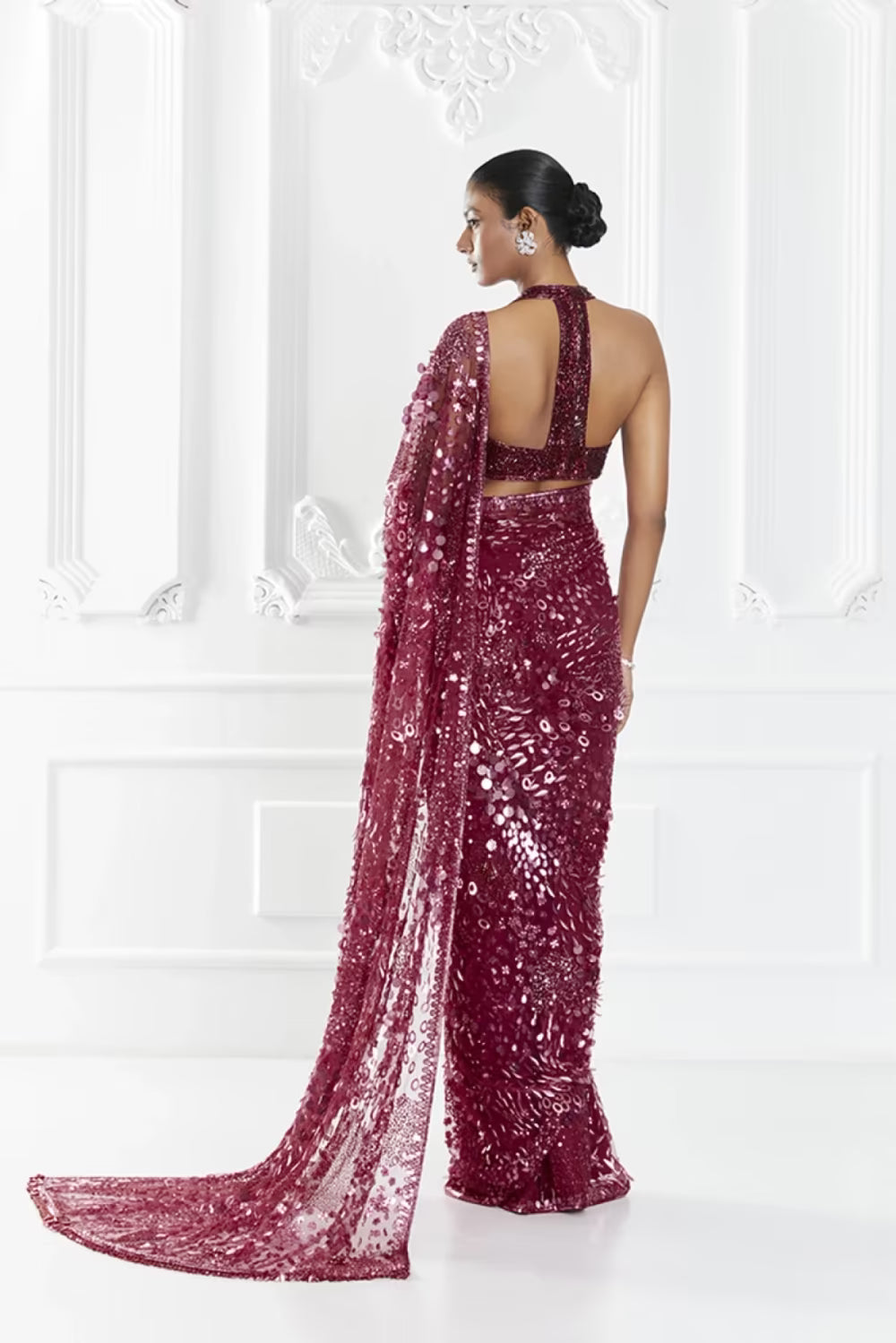 Berry Sequin Embellished Saree Set