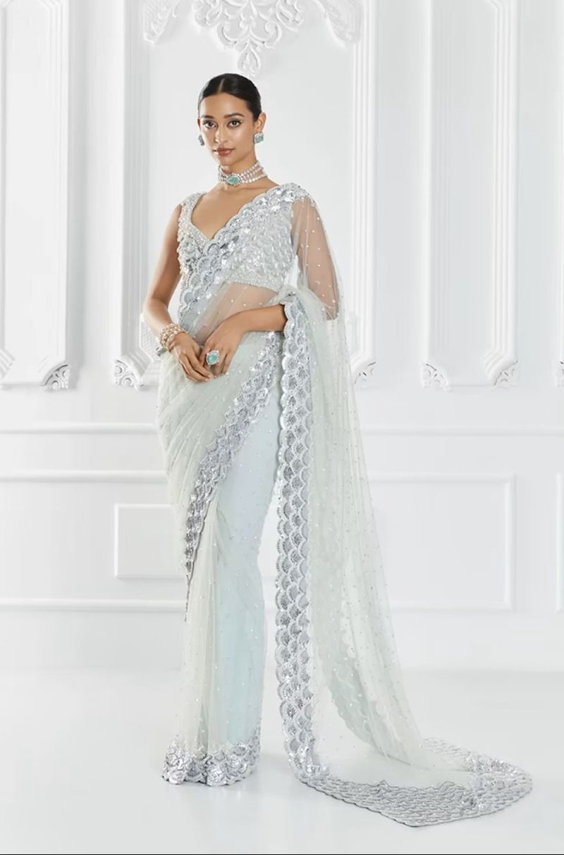 Aqua Blue Embroidered Saree Set