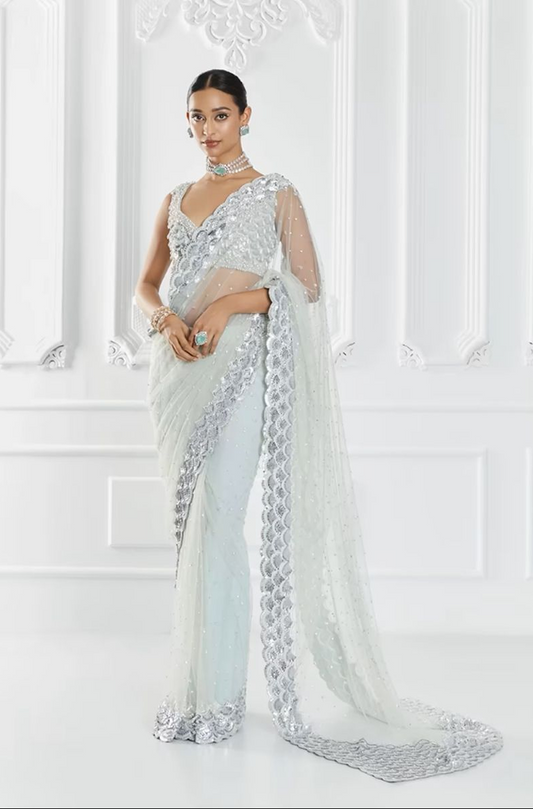 Aqua Blue Embroidered Saree Set