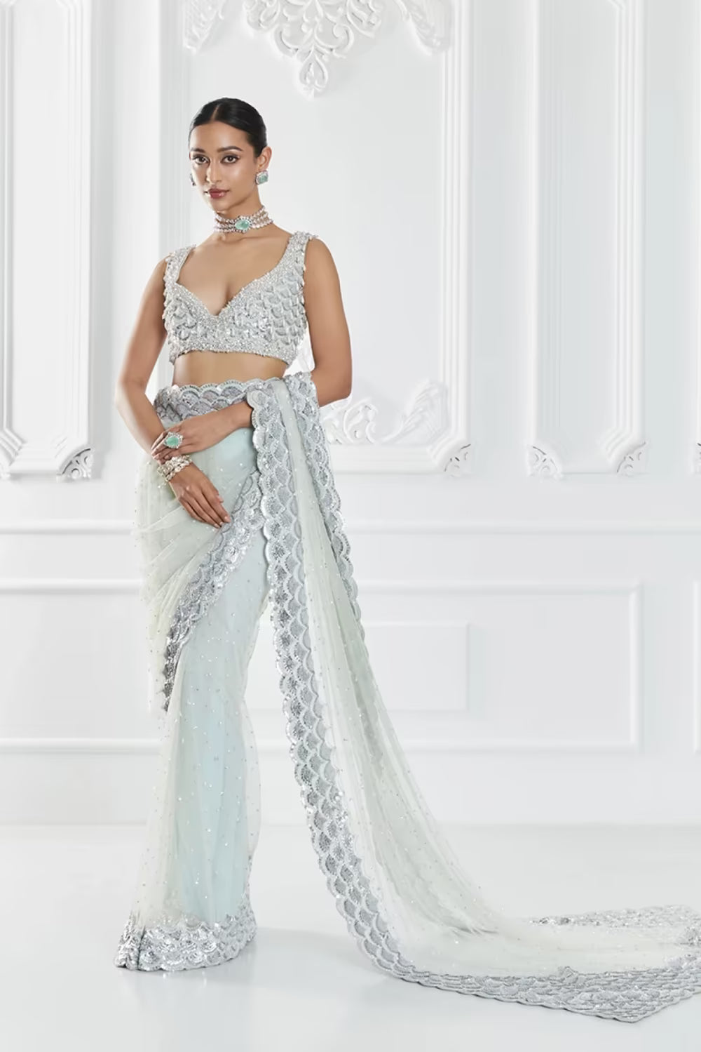 Aqua Blue Embroidered Saree Set