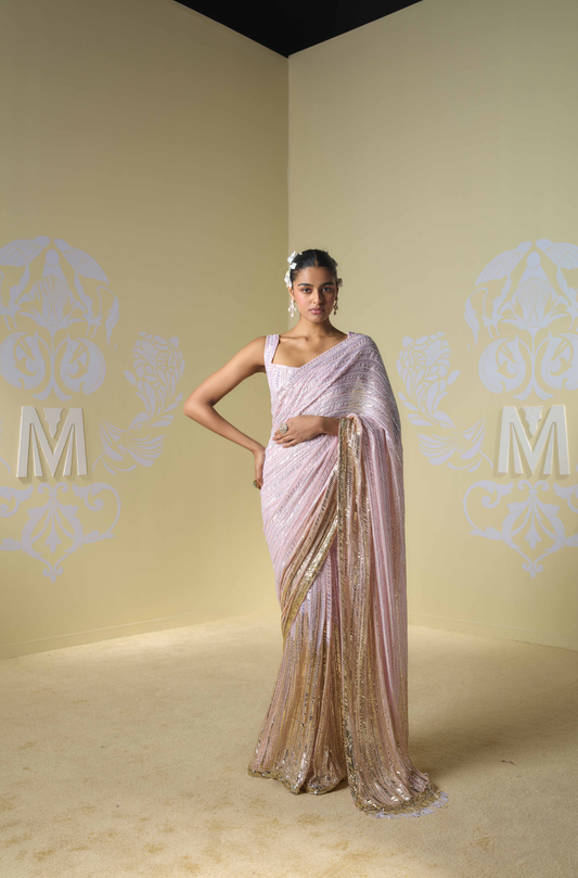 Pink and Gold Ombre Embroidered Saree Set