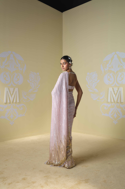 Pink and Gold Ombre Embroidered Saree Set