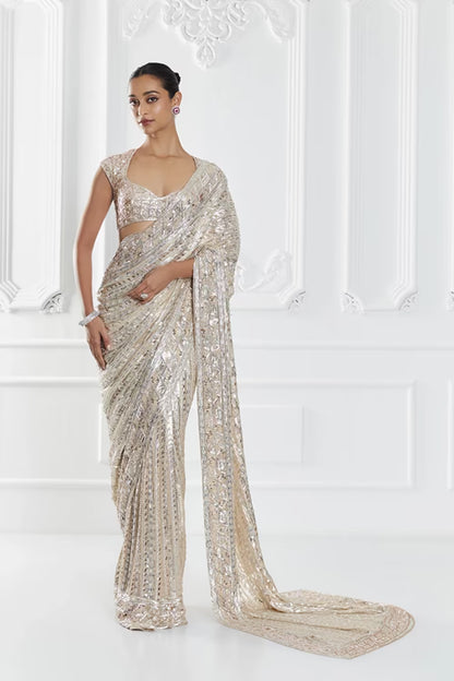 Off White Taban Sequin Saree Set
