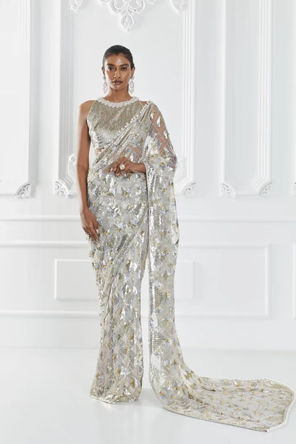Grey Net Sequin Saree Set