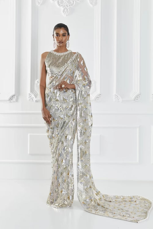 Grey Net Sequin Saree Set
