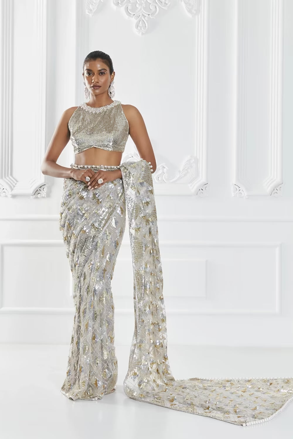 Grey Net Sequin Saree Set