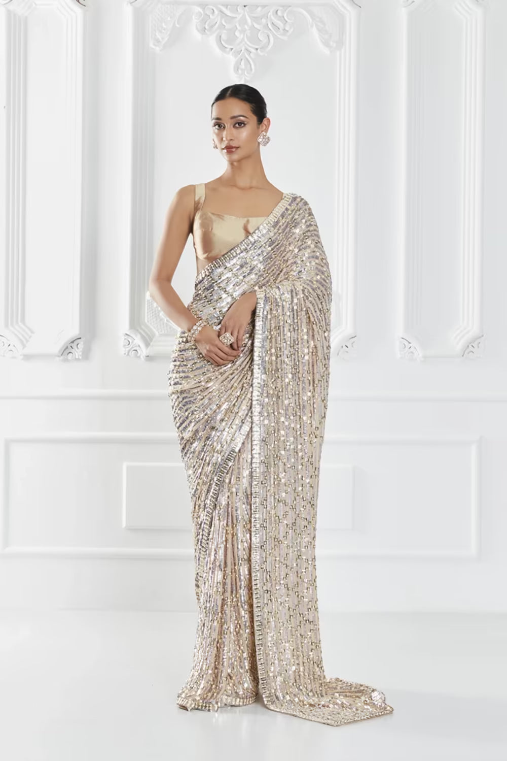 Nude Sequin Embellished Saree Set
