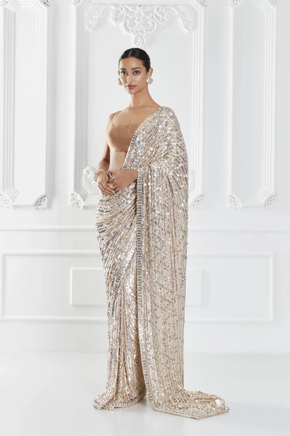 Nude Sequin Embellished Saree Set