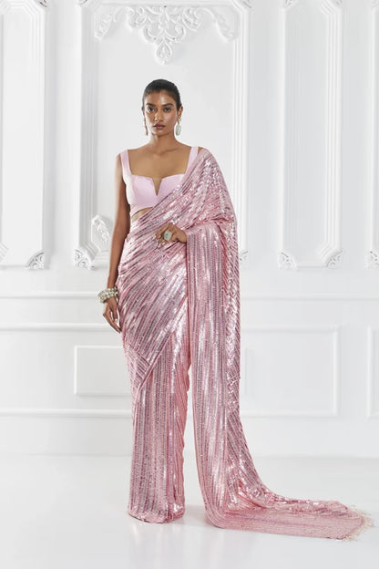Pink Sequin Embellished Saree Set