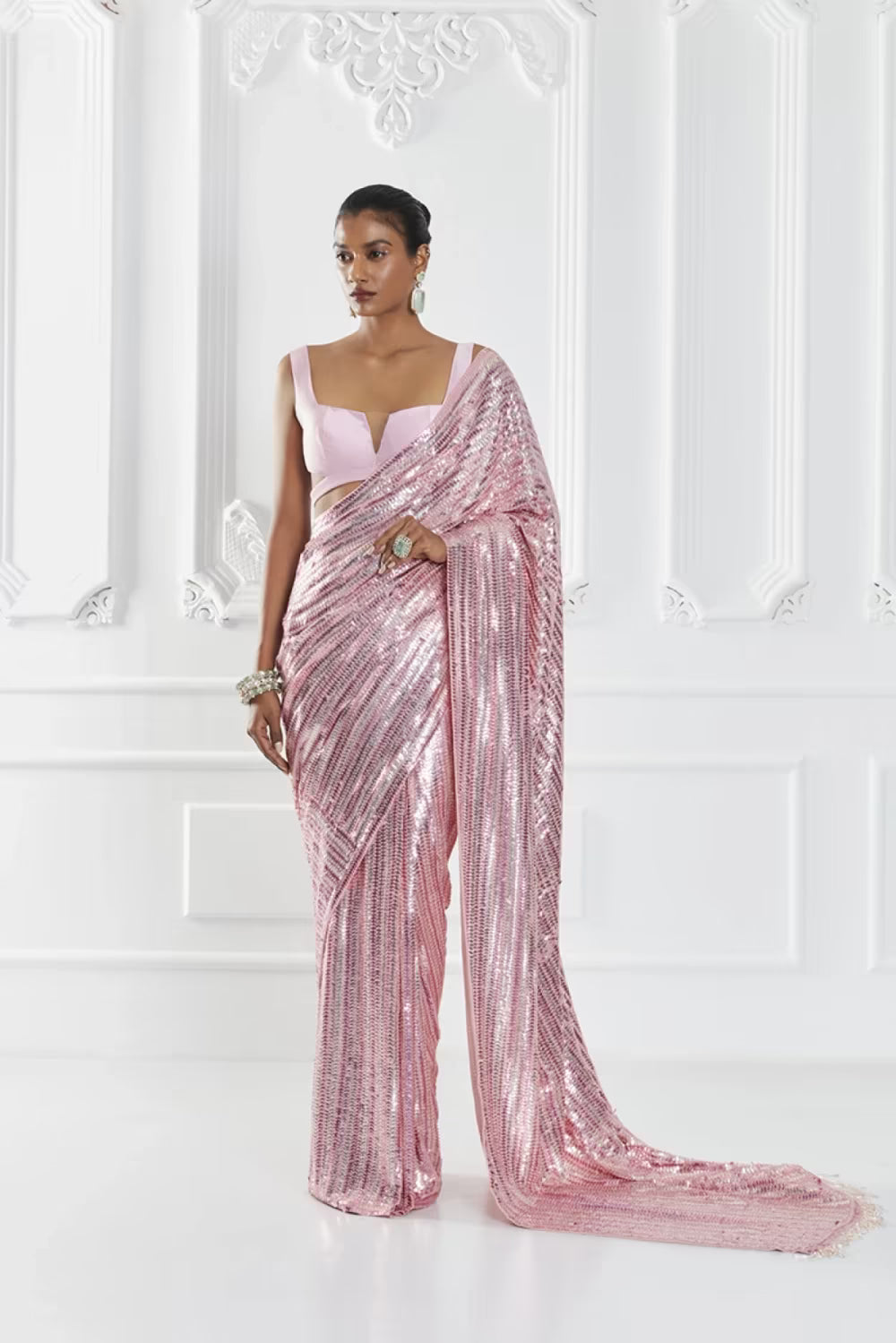 Pink Sequin Embellished Saree Set