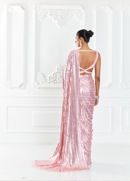 Pink Sequin Embellished Saree Set
