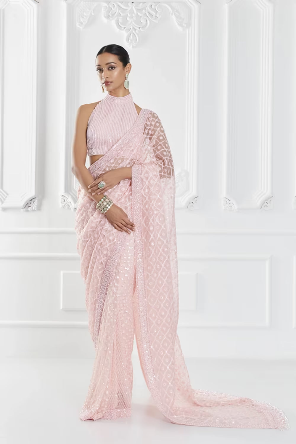 Pink Geometric Embroidered Saree Set