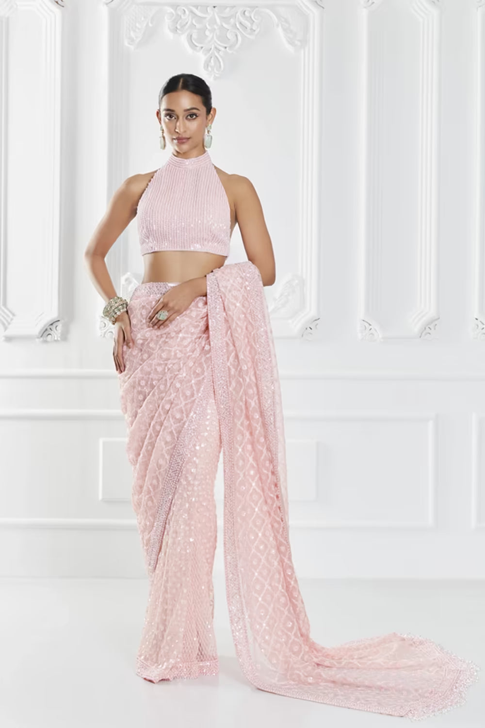 Pink Geometric Embroidered Saree Set