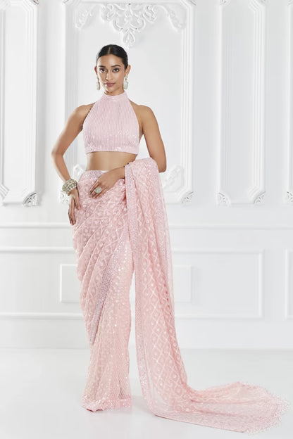 Pink Geometric Embroidered Saree Set