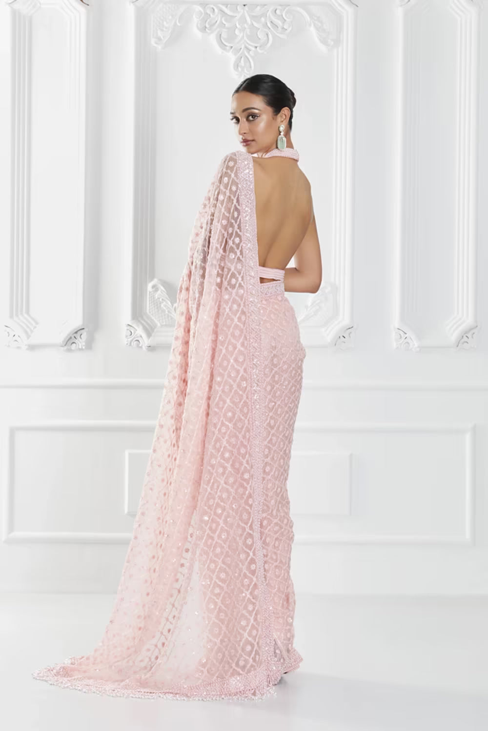 Pink Geometric Embroidered Saree Set