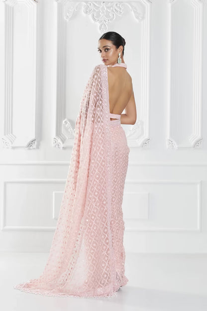 Pink Geometric Embroidered Saree Set