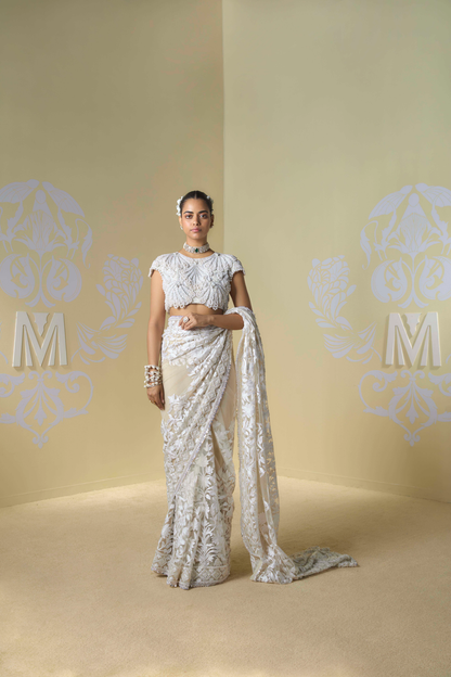 Cream Kashmiri Embroidered Saree Set