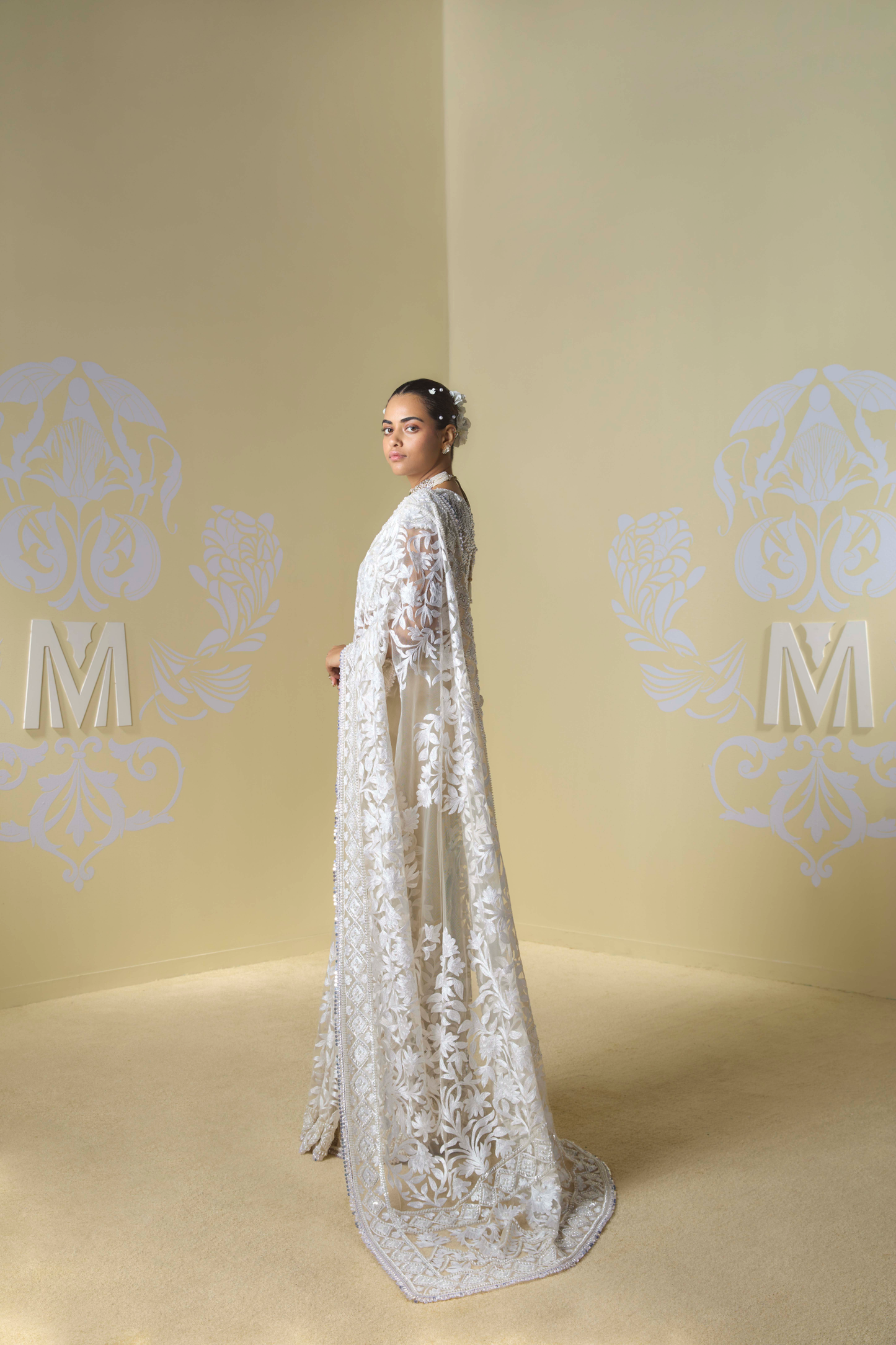 Cream Kashmiri Embroidered Saree Set