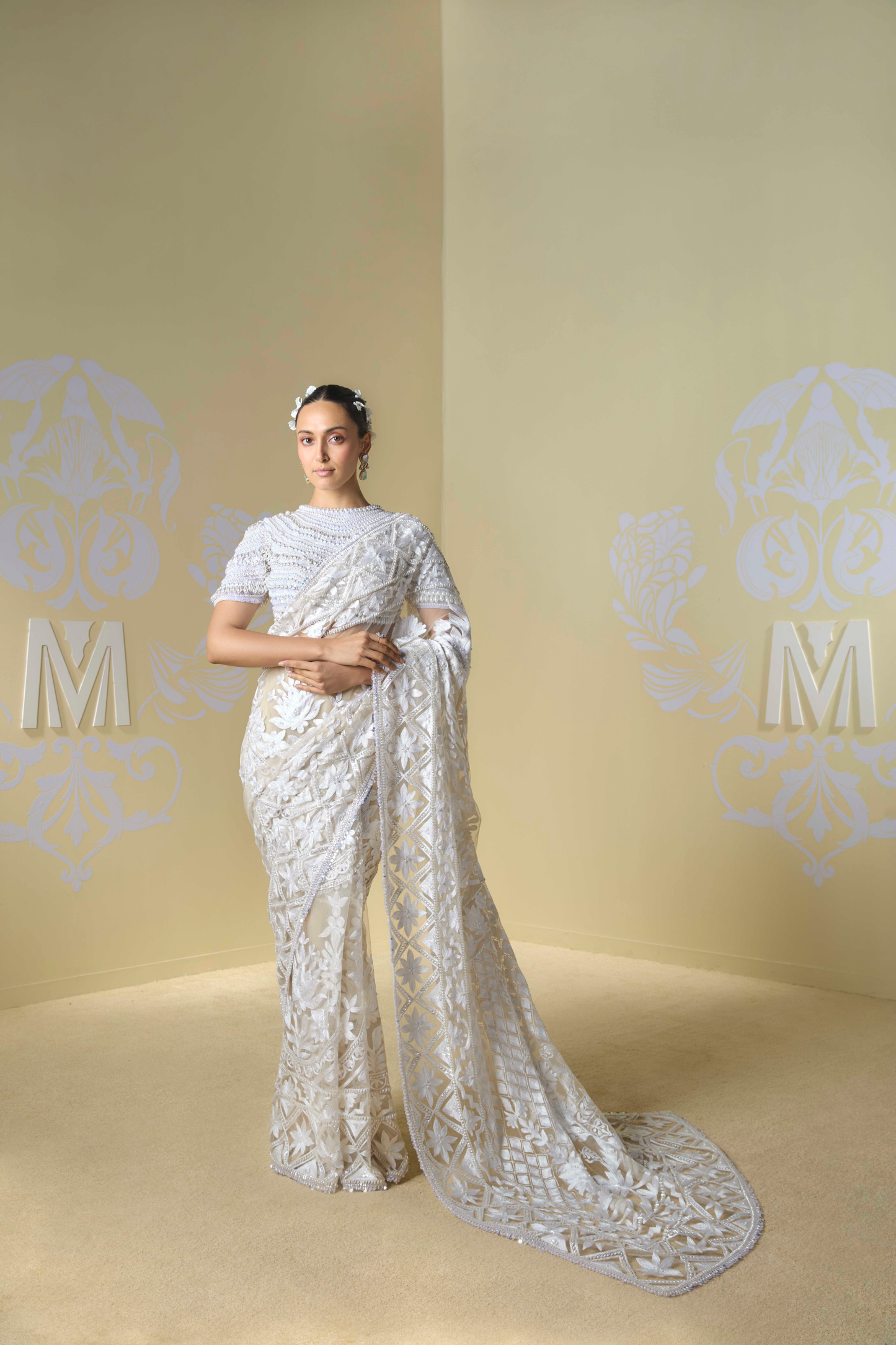 Cream Net Kashmiri Embroidered Saree Set