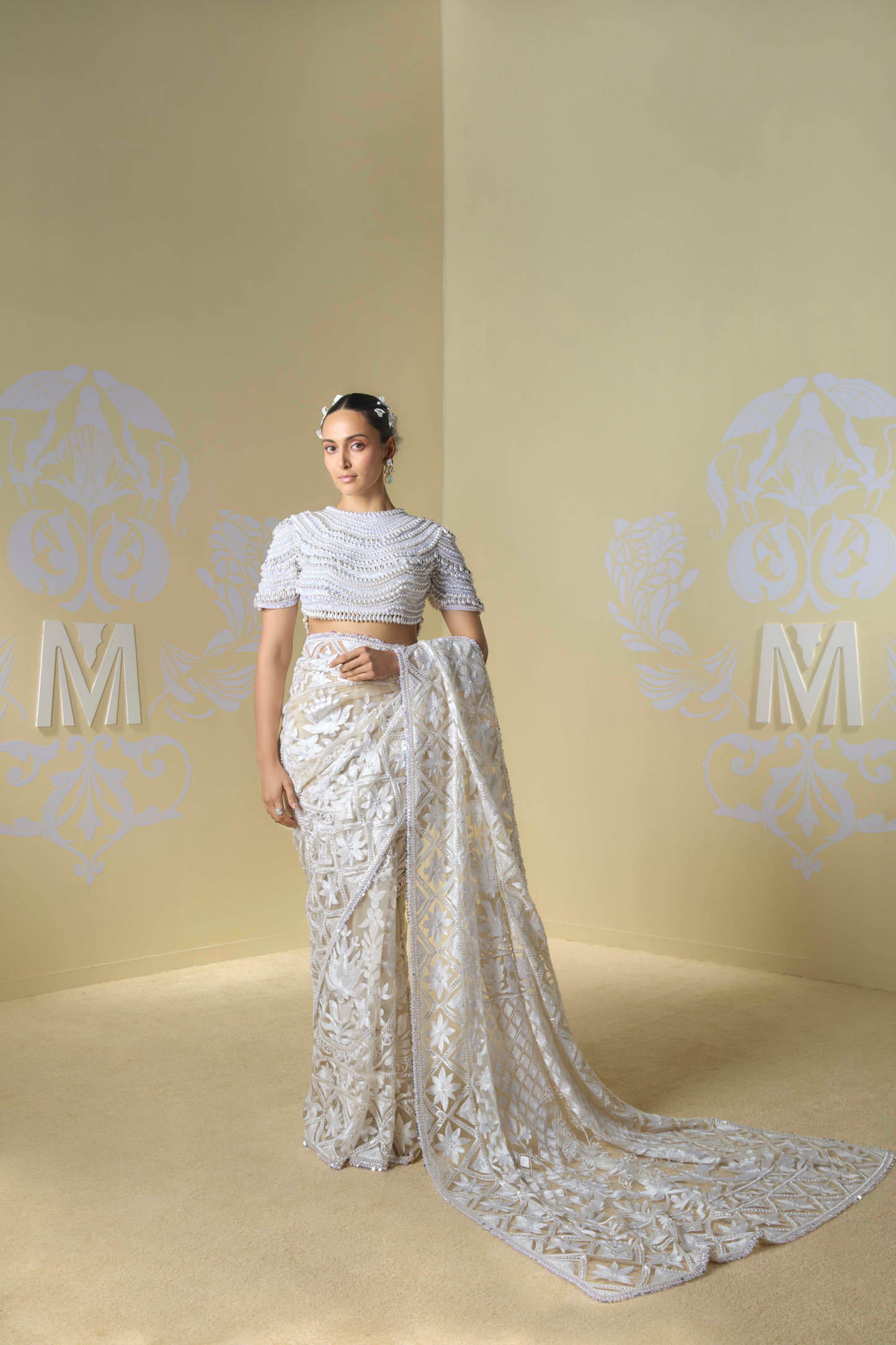 Cream Net Kashmiri Embroidered Saree Set