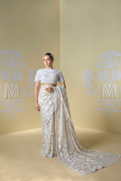 Cream Net Kashmiri Embroidered Saree Set