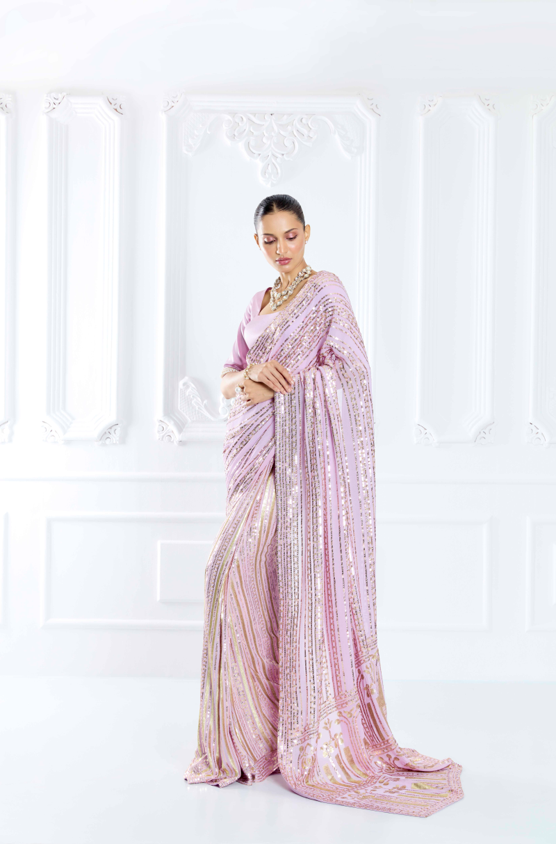 Lavender Embroidered Saree Set