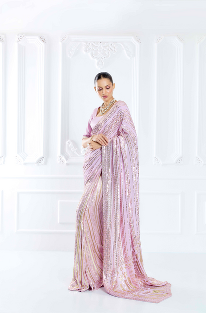 Lavender Embroidered Saree Set