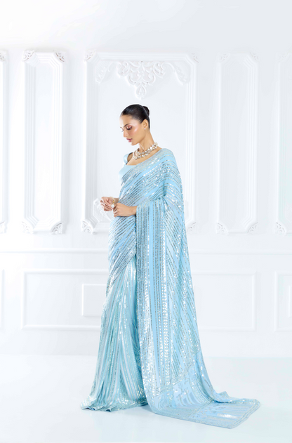 Blue Embroidered Saree Set