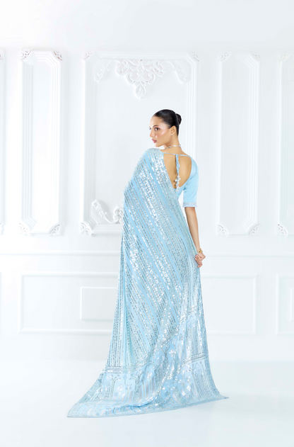 Blue Embroidered Saree Set