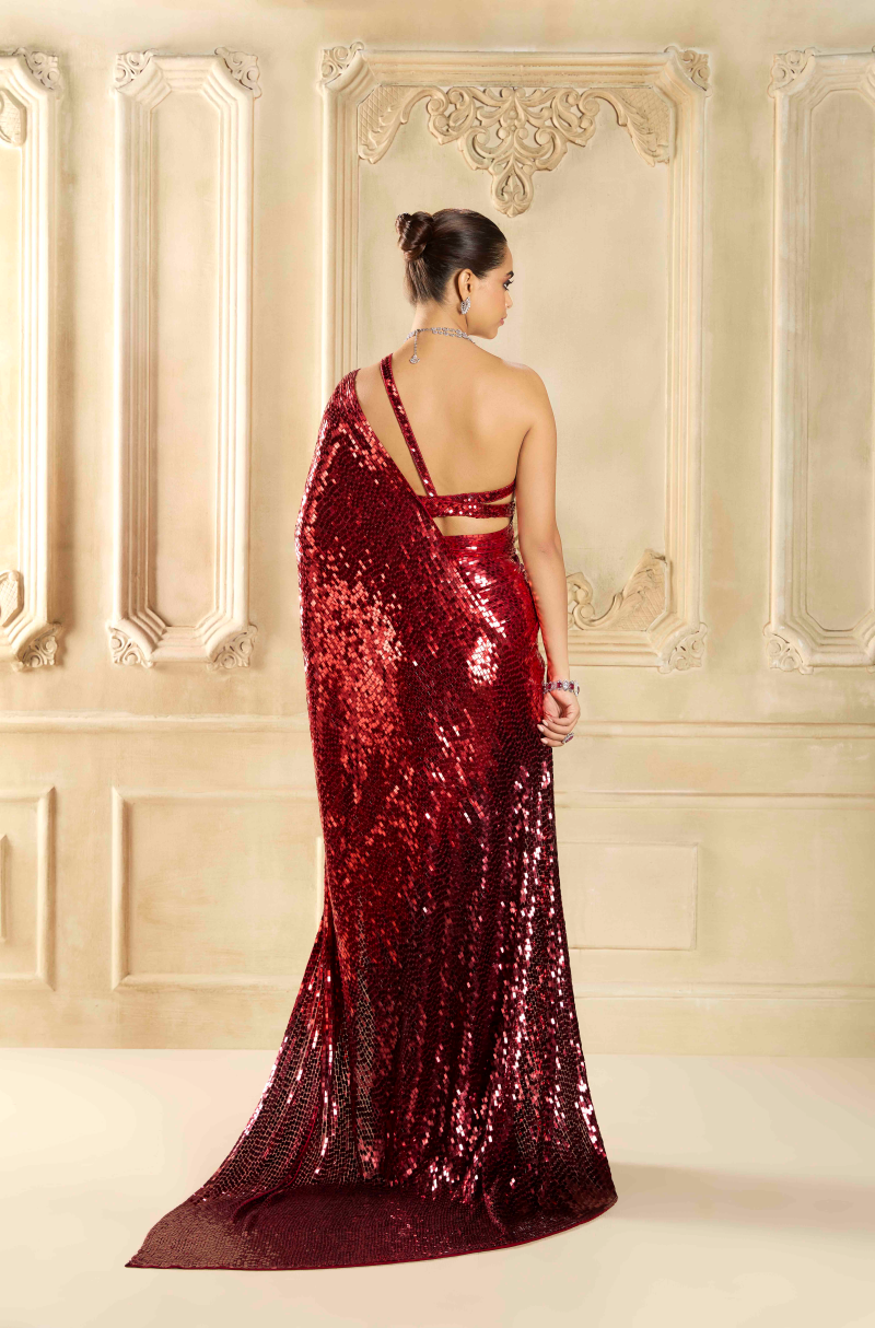 Maroon Shaded Sequin Georgette Saree Set