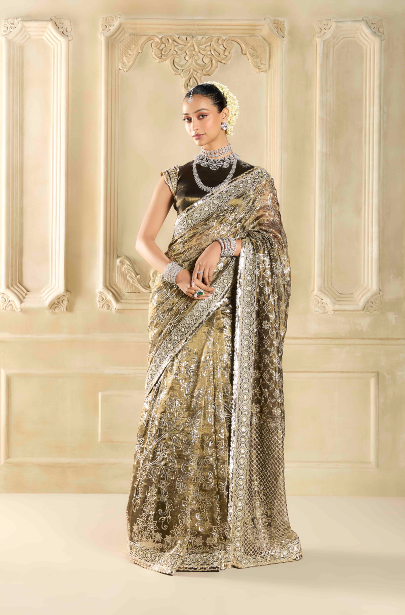 Olive Green Tissue Embroidered Saree Set