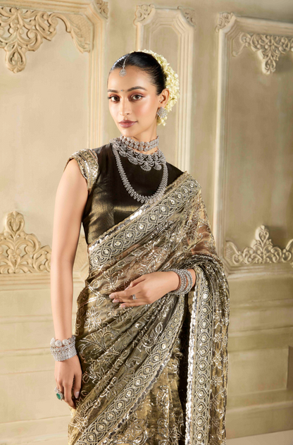 Olive Green Tissue Embroidered Saree Set