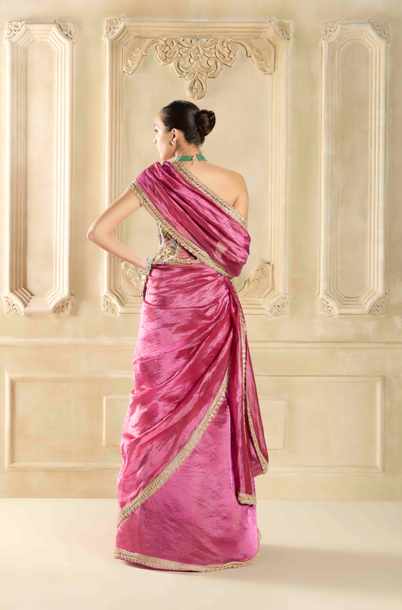 Fuchsia Pink Tissue Resham Embroidered Saree Set