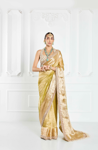 Olive Green Embroidered Saree Set