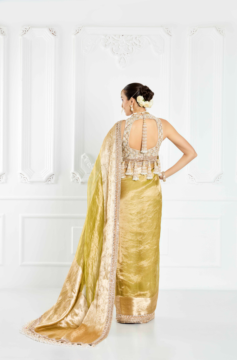 Olive Green Embroidered Saree Set