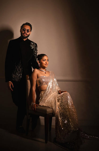 Bride: Christelle Ram in our Silver Shaded Sequin Saree Set