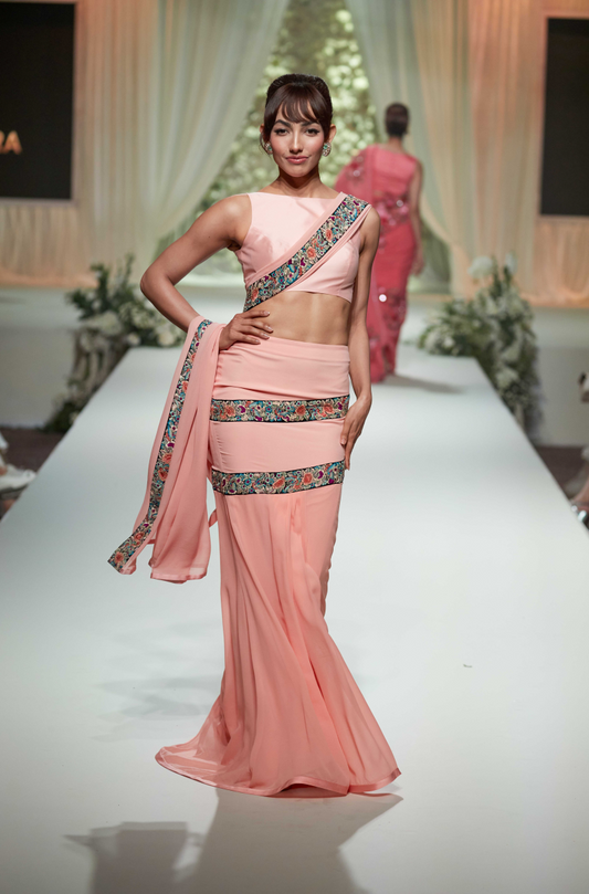 Peach Stitched Saree Set