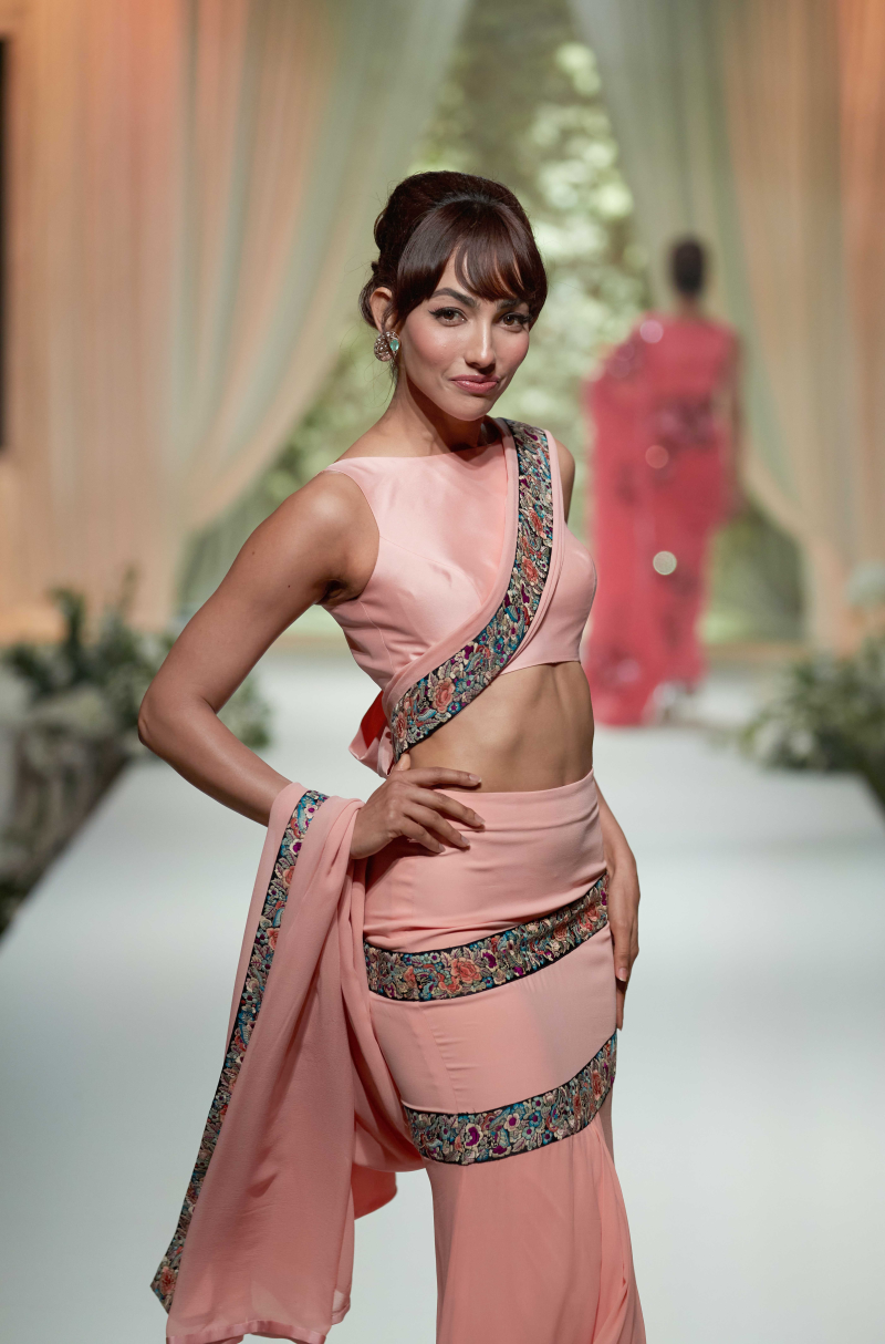 Peach Stitched Saree Set