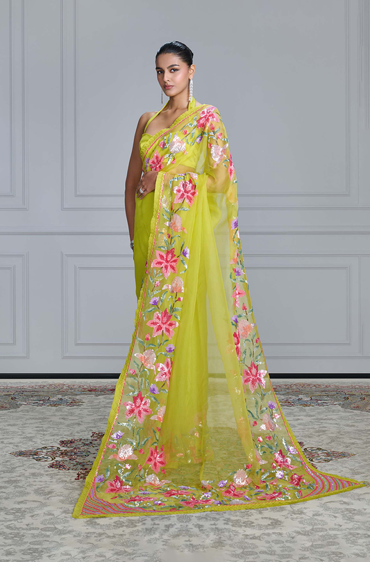 Lime Green Multicolor Sequin Organza Saree Set