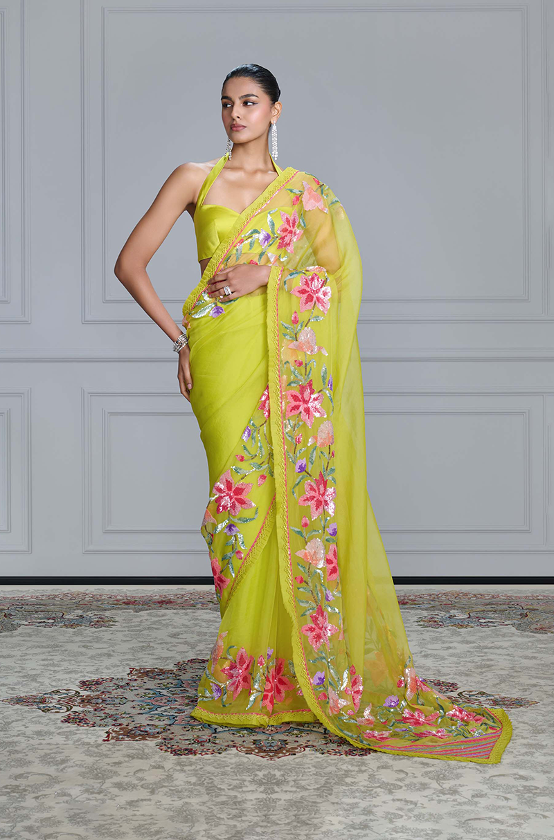 Lime Green Multicolor Sequin Organza Saree Set