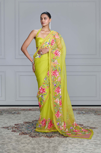 Lime Green Multicolor Sequin Organza Saree Set