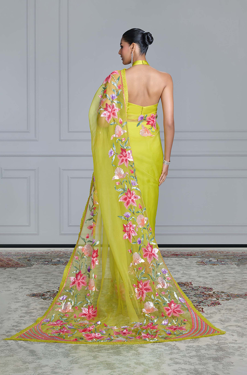 Lime Green Multicolor Sequin Organza Saree Set