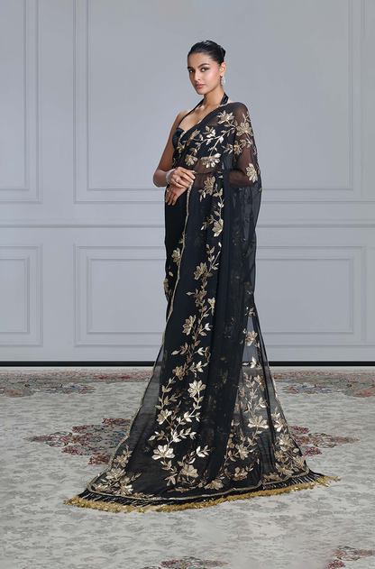 Black Taban Embroidered Palla Tassels Saree Set