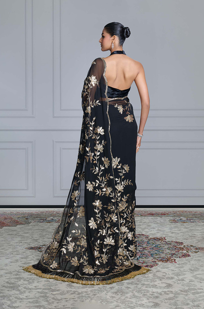 Black Taban Embroidered Palla Tassels Saree Set