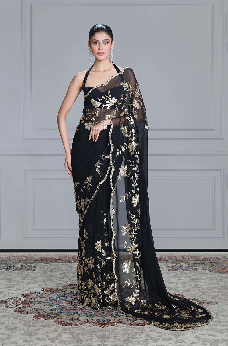 Black Taban Embroidered Scalloped Saree Set