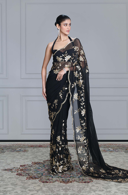 Black Taban Embroidered Scalloped Saree Set