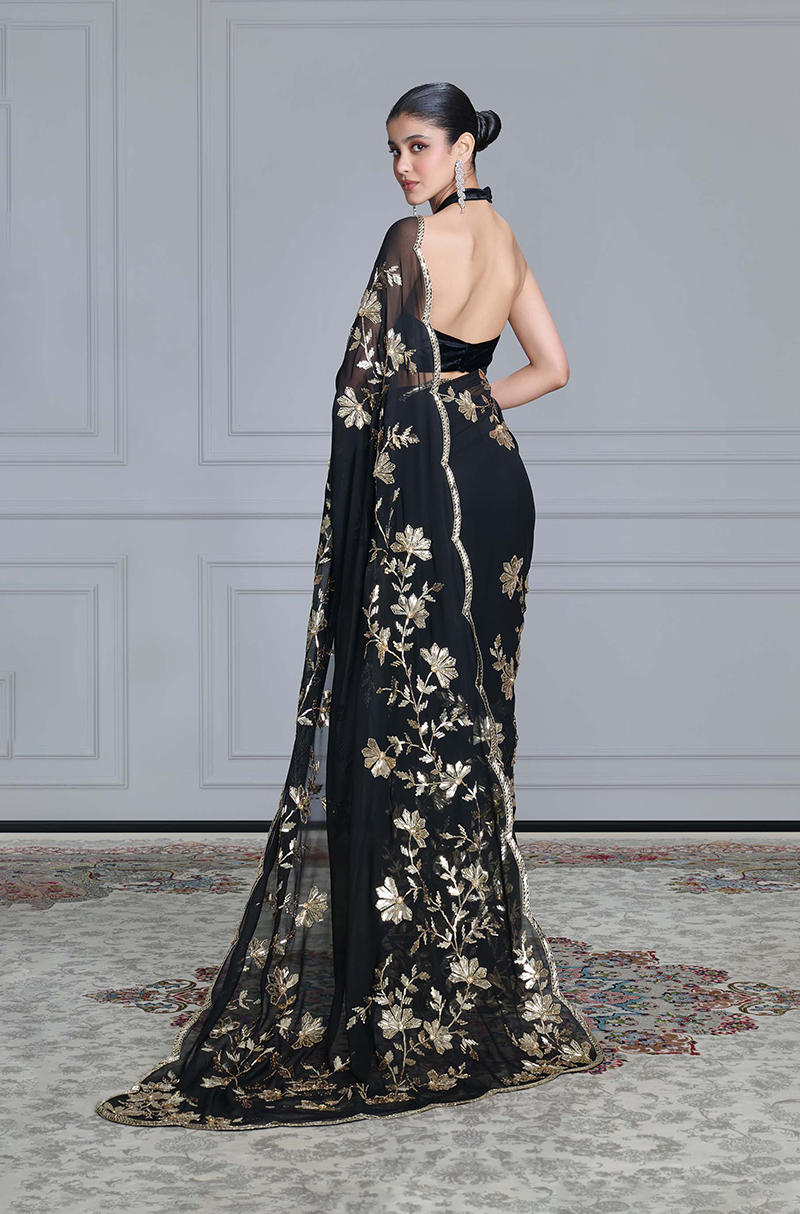 Black Taban Embroidered Scalloped Saree Set