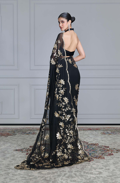 Black Taban Embroidered Scalloped Saree Set