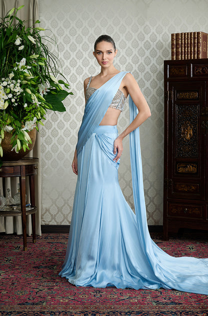 Ice Blue Satin Stitched Saree Set