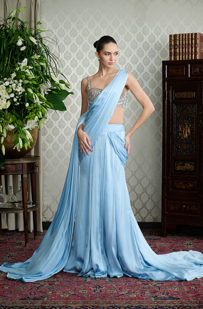 Ice Blue Satin Stitched Saree Set